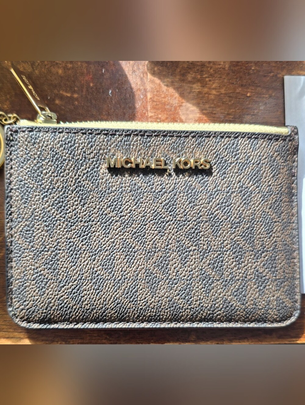 Michael Kors Brown Logo Zip Card Holder with Gold Hardware